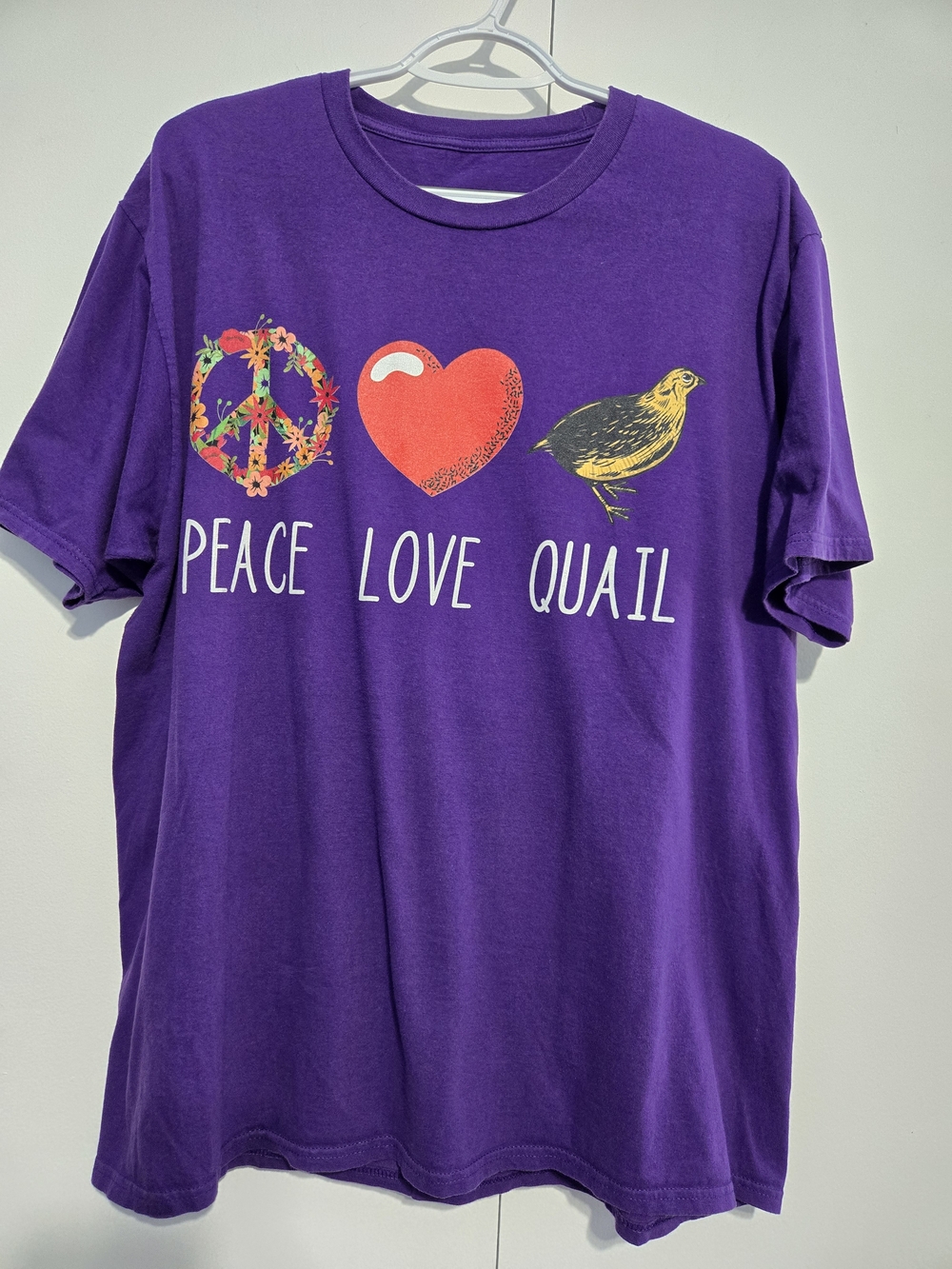 Peace Love Quail Graphic T-Shirt Purple Short Sleeve Tee Size XL